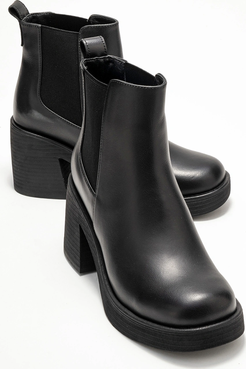 Luvishoes Luvi Shoes Lysa Siyah Cilt Lastikli Hakiki Deri Kadın Platform Topuklu Bot Siyah-Cilt