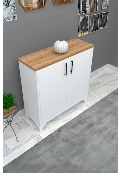 %100 Mdf 2 Kapaklı Küp Üstü Desenli Ayakkabılık Beyaz