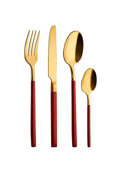 Aryıldız Soho Prestige Kırmızı Gold Çatal Kaşık Bıçak 24 Parça Altın - Kırmızı