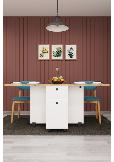 Asra Trend KM-02 %100 MDF 168x70 cm Katlanır Akıllı Mutfak Masası Tekerlekli Servis Masası Beyaz Safir Meşe