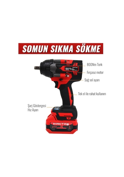 Haktaş Hkt507 Yeni Nesil Kırmızı Işıklı 5li Kömürsüz Akülü Makine Seti 21v 3ah Kırıcı Delici Matkap, 800nm Somun Sıkma, Vidalama, Led Işık, Avuç Taşlama
