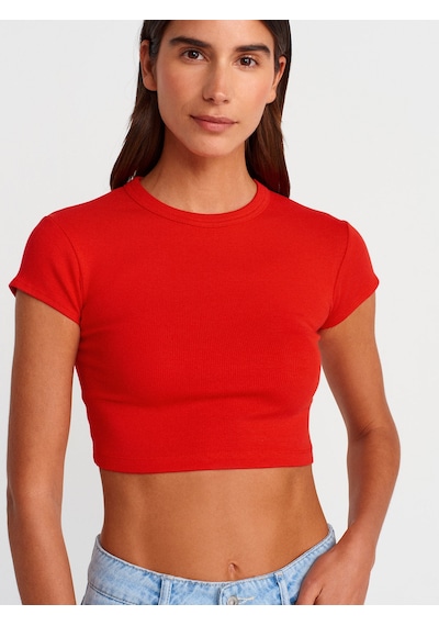 Dilvin 31810 Bisiklet Yaka Crop T-shirt-kırmızı Kırmızı