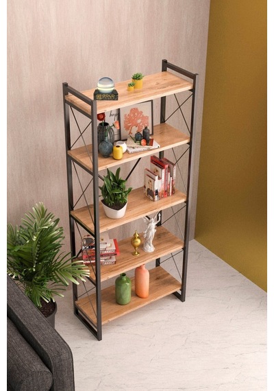 5 Raflı Metal Kitaplık Ceviz 180 Cm Çok Renkli