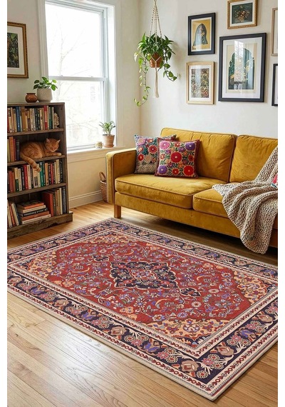Yıkanabilir Kaymaz Taban Dijital Baskılı Halı Ve Yolluk Leke Tutmaz Salon & Mutfak Halısı - 0608 Bordo