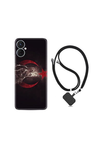 Tecno Spark 9 Pro Kılıf İpli Boyun Askılı Desenli Silikon Kurt ve Ay Yıldız 1403