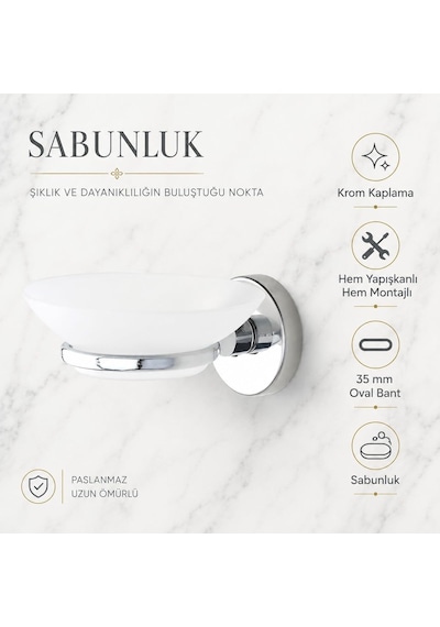 Alper Banyo İris Krom Kaplama Sabunluk, Yapışkanlı Ve Vidalı Montaj, Duvar Tipi Beyaz Sabun Kabı, 35 Mm Oval Bantl Çok Renkli