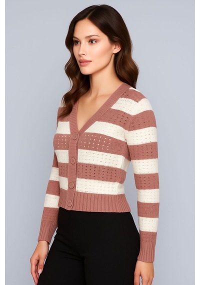 Hira Life Fashion Kadın Önü Düğmeli Ve Çift Renkli Triko Hırka Gül-beyaz Gül-beyaz