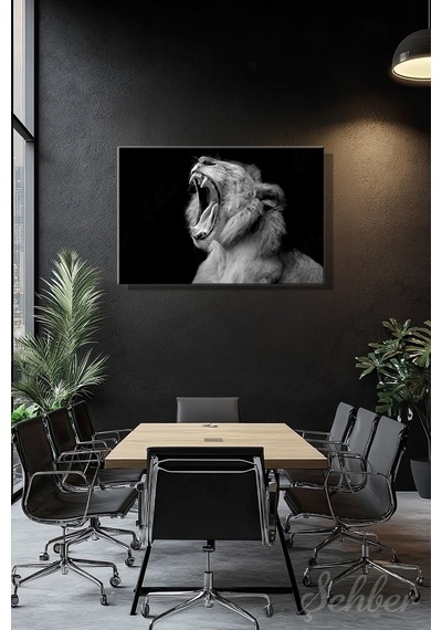 Siyah-beyaz Kükreyen Aslan Fotoğrafı Dekoratif Yatay Kanvas Tablo 4379 Çok Renkli