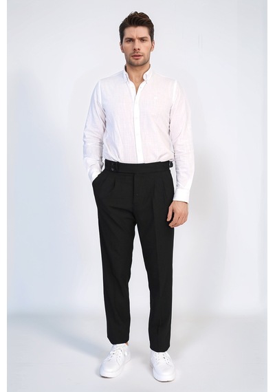 Siyah Çift Pileli Tokalı Yüksek Bel Slim Fit Pantolon Wessi Siyah