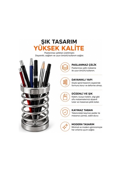 Metal Spiral Kalemlik, Paslanmaz Çelik Yay Tasarımlı Masaüstü Kalemlik, Gümüş Ofis Kalem Tutucu, Modern Masa Dü Genel
