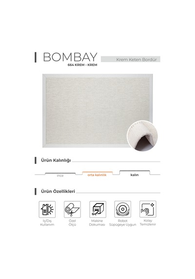 Bombay 664 Krem - Krem Hav Toz Vermez Kolay Temizlenen Hasır Doku Sisal Halı Krem