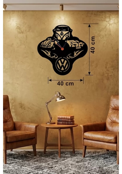 Mey İthalat Vosvos Ve Retro Araba Temalı Ahşap Duvar Saati - 40x40 Cm Lazer Kesim Çok Renkli