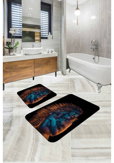 Siyah Etnik Desen Banyo Halısı Klozet 2'li Paspas Seti Bs316n11