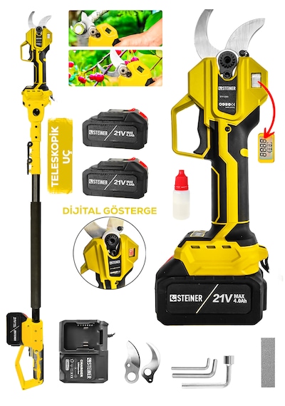 Steiner 30 Mm Dijital Kömürsüz Akülü Bağ Dal Ağaç Kesme Biçme Budama Şarjlı Makası Makinesi + Teleskop S4844