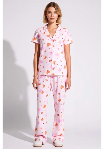 Benerly Kadın Gömlek Yaka Kısa Kol Eğlence Desenli Pijama Takımı Regular Pembe