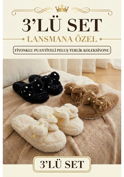 3 Lü Avantajlı Paket Kışlık Peluş Desenli Sessiz Ortopedik Taban Çeyiz Misafir Ev Terliği Seti 3 Lü Peri