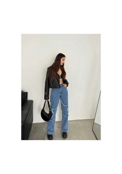 Kene Jeans Yüksek Bel Bacak Yıldızlı Bol Paça Jeans Mavi