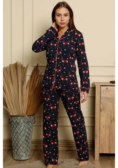 Alimer Kadın Lacivert Geyik Desenli Uzun Kollu Pijama Takımı EDY2621UK-L Lacivert