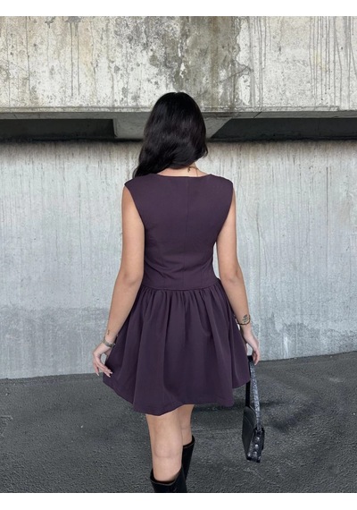 Alfanora Kolsuz Mini Elbise- Mürdüm
