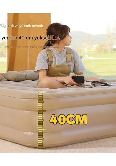 Tk-1 Kendinden Şişen Tek Kişilik Şişme Yatak Hava Pompası Katlanır Hava Yatağı Seti Açık Bej