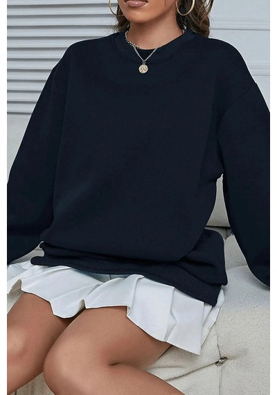Swoord Bisiklet Yaka Unisex Oversize Sweatshirt 3 Iplik Şardonlu Pamuklu Baskısız Lacivert