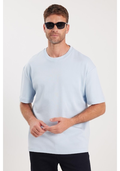 Tudors Unisex Oversize Geniş Kesim %100 Pamuk Yumuşak Dokulu Basic Bisiklet Yaka Mavi Tişört-35184 Mavi