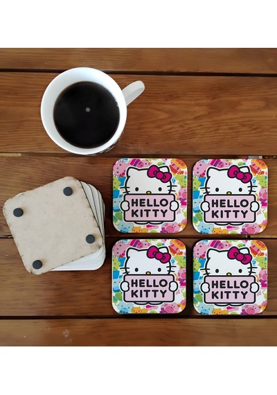 Hello Kitty Dekoratif Ahşap Bardak Altlığı Seti 023 Çok Renkli