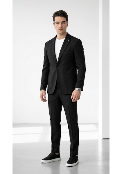 Erkek Yazlık Dokulu Kumaş Tek Düğme Ceketli Jogger Pantolonlu Takım Elbise Slim Fit Spor Şık Kombin Siyah