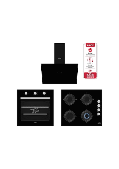 Carino 4 Fonksiyon Mekanik Siyah Power Turbo 3'lü Cam Ocaklı Ankastre Set Fırın+Ocak+Davlumbaz