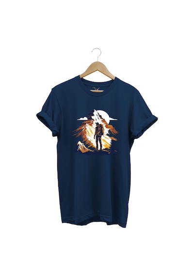 Mountain Dağ Yürüyüşü Ve Kar Manzara Baskılı %100 Pamuk Unisex Regular Fit T-shirt Lacivert