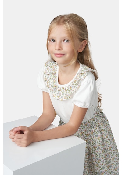 Made With Liberty Fabric Liberty Kumaş Yakası Fırfır Detaylı Kız Çocuk Tişört Krem