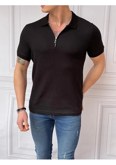 Modefendi Slim Fit Örme Kumaş Fermuar Detaylı Polo Yaka Tshırt Siyah