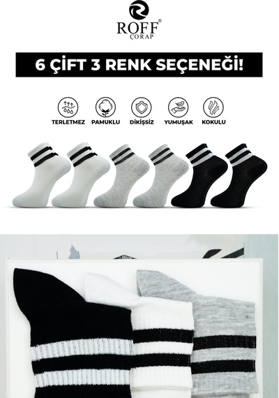 6 Çift 3 Renk Tenis Corap Wolk Gri Siyah Beyaz