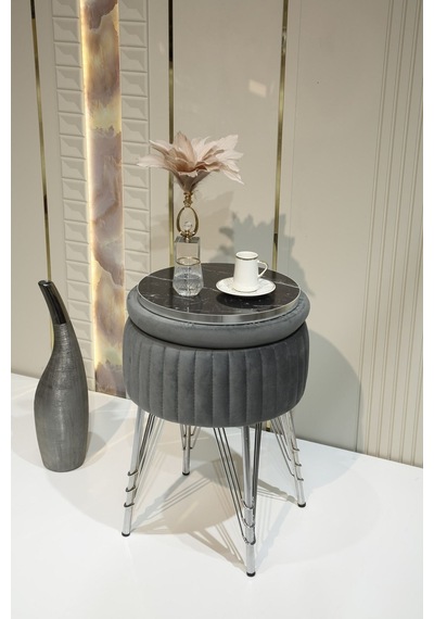 Bianco Metal Ayaklı Puflu Zigon Sehpa Krom Antrasit Gri Chrome Anthracite Gray