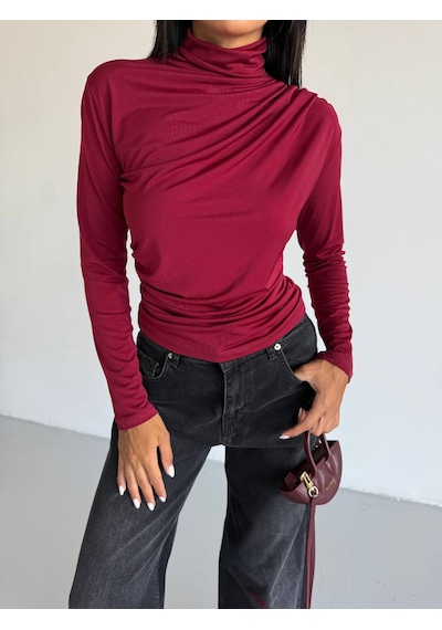 Trendhazan Boğazlı Drapeli Sandy Kumaş Bluz bordo