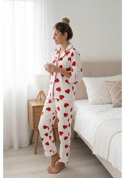 Miniğimin Cicileri Kalp Desenli Süet Anne Pijama Takımı - Beyaz Kırmızı