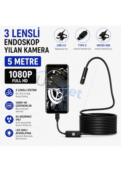Uninet Türkiyede Ilk 5 Metre 3 Kameralı Android Ve Bilgisayar Uyumlu Endoskop Yılan Kamera 1080p Full Hd