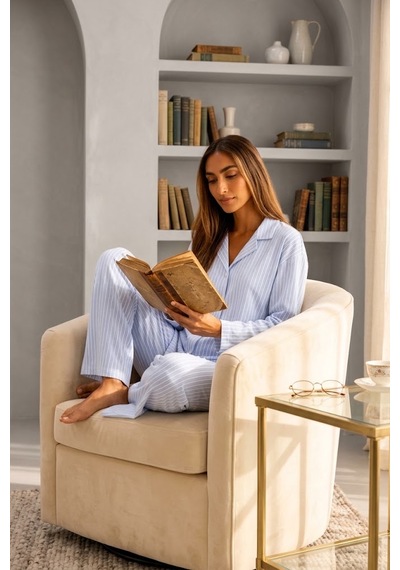 Fit Women Kadın Önden Düğmeli Uzun Kollu Mavi Pijama Takımı