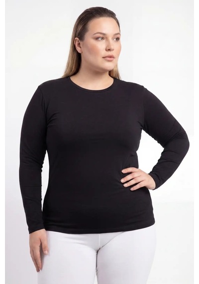 Hadpols Premium Düz Renk Tekstil Stil Kadın Büyük Beden Bisiklet Yaka Uzun Kollu Body siyah