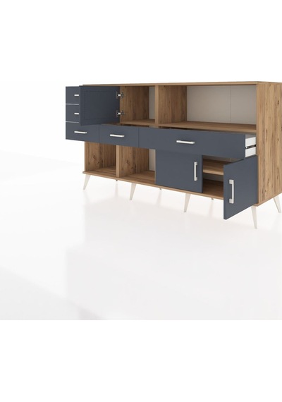 Kronos Konsol 2 Raflı 5 Çekmeceli 3 Kapaklı 176x59x99 Çam-antrasi Çam-antrasit