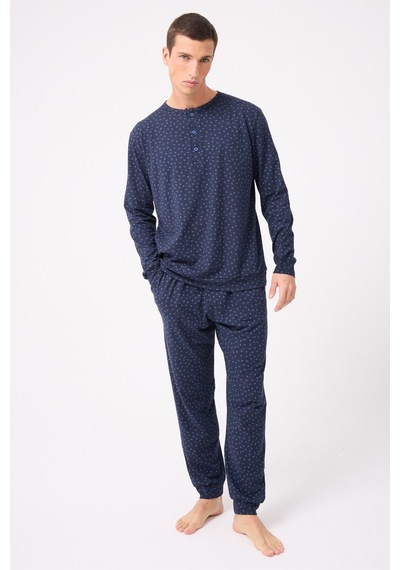 L'espadon Oceanripple Premium Örme Pamuk Uzun Kollu Henley & Uzun Pantolonlu Erkek Pijama Takımı-3228 Lacıvert