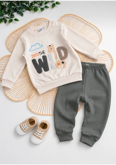Mou&kou Bebek İşlemeli 2 Li Takım Sweatshirt Ve Alt Seti, Yumuşak Konforlu Günlük Kıyafet Yeşil