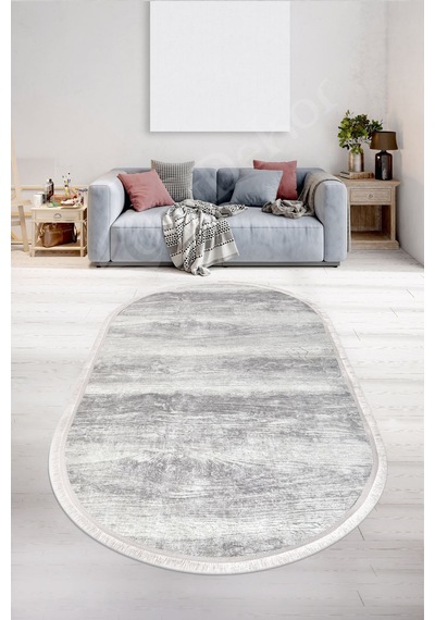 Dijidekor Halı Gri Cool Ky7056 Yıkanabilir Saçaklı Oval Kesme... Gri