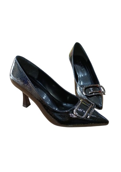 Stillo 507 Kadın Toka Detaylı Kadeh Ökçe Stiletto Siyah Kırışık Rugan
