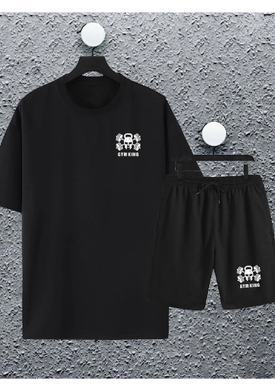 Adrift Macklin Unisex Kadın Erkek Gym King Baskılı Oversize Tshirt Ve Şort Eşofman Takımı Macklingym Siyah