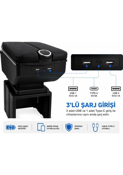 Mega Oto Market Usb Aktarmalı Universal Kolçak Kol Dayama Çift Açılır Siyah Renk