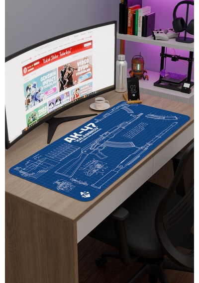 Ak 47 Siyah Kalaşnikov Cs Dikişli Kauçuk Oyuncu Mousepad - 90x40 Gaming Mouse Pad Ak-47 Mavi