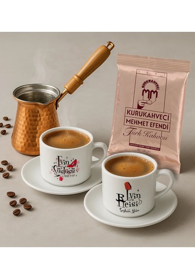 Bk Gift Kişiye Özel İsimli Evin Reisi & Süslüsü Tasarımlı 2li Türk Kahvesi Fincanı & Bakır Cezve & Türk Kahvesi Seti-2, Arkadaş Hediye, Sevgiliye Hedi