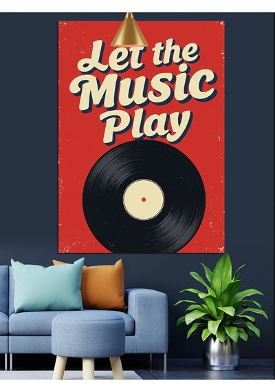 Let The Music Play Sloganı Ve Plak Dekoratif Kanvas - Mdf Ahşap Tablo