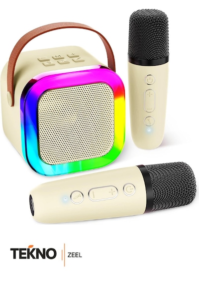 Teknozeel Çift Mikrofonlu Karaoke 5 Ses Efektli Rgb Işıklı Bluetooth Kablosuz Hoparlör Ses Bombası Bej Renk